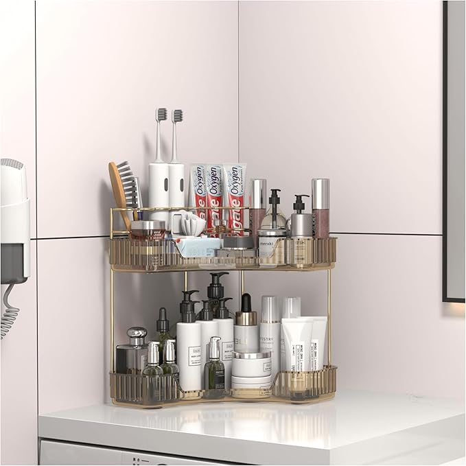 Corner Bathroom Counter Organizer with Top Toothbrush Holders, 2-Tier Make Up Organizers for Vanity with Brush Holder, Corner Storage for Bathroom, Kitchen, Dresser-Velvo Beauty