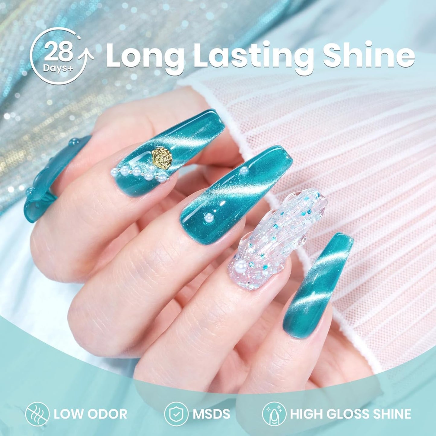 Beetles Blue Cat Eye Gel Polish, 15ML Blue Glass Cat Eye Glitter Gel Polish with Magnet Shimmer Translucent Sheer Color Soak Off UV Tide beam Series French Nail Art Dsign Gift for Women-Velvo Beauty