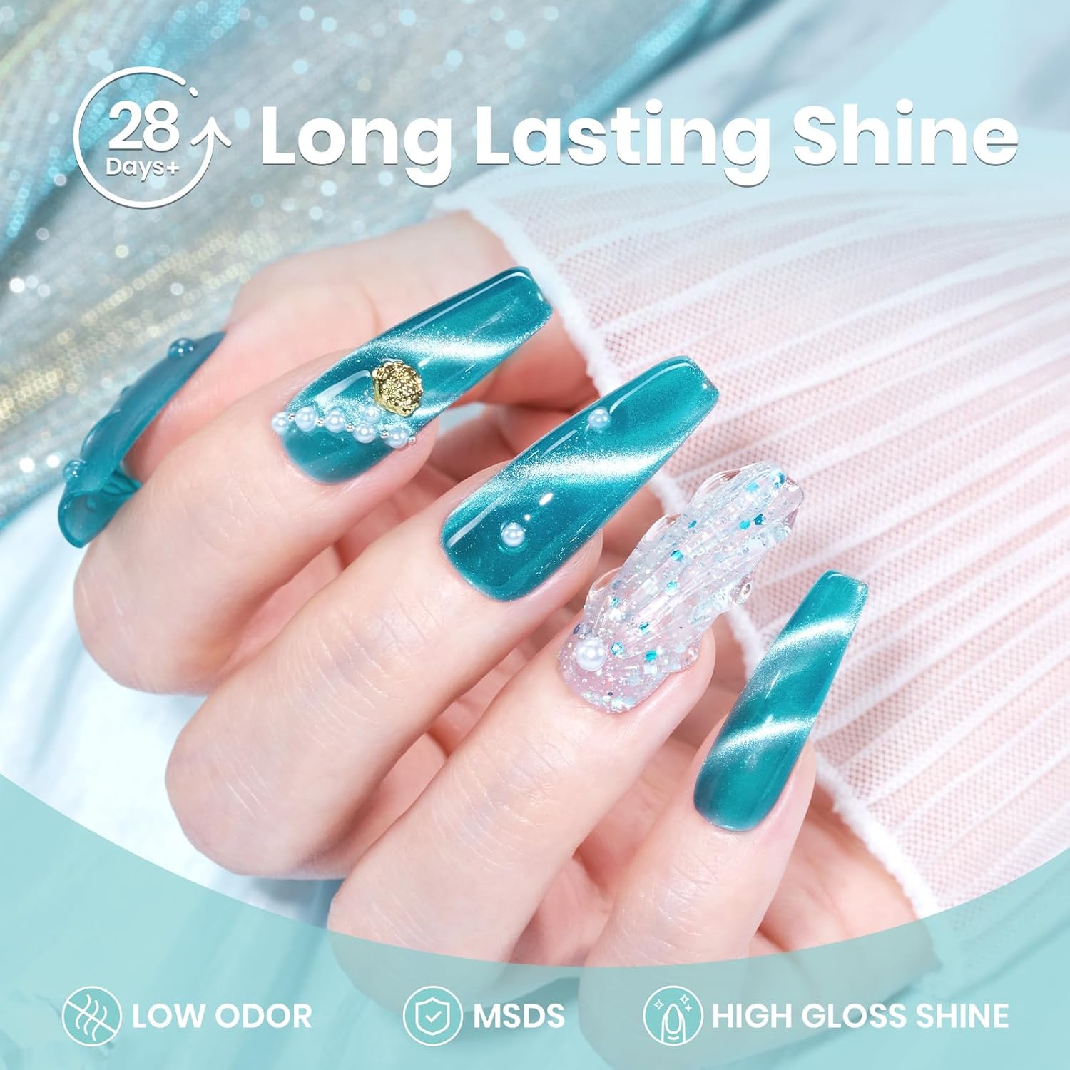 Beetles Blue Cat Eye Gel Polish, 15ML Blue Glass Cat Eye Glitter Gel Polish with Magnet Shimmer Translucent Sheer Color Soak Off UV Tide beam Series French Nail Art Dsign Gift for Women-Velvo Beauty