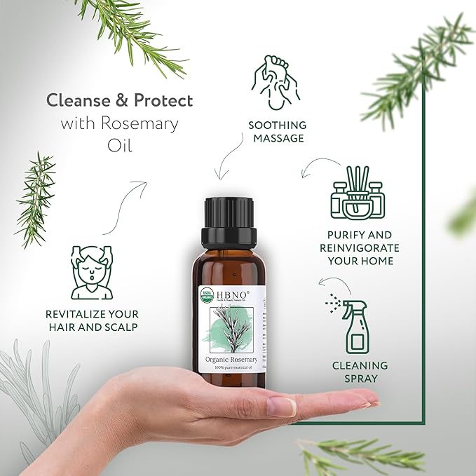 HBNO California Bottled Organic Rosemary Essential Oil 1 fl oz (30ml) - USDA Certified Organic Rosemary Essential Oil for Aromatherapy, Soap Making, DIY, Fragrances, Diffuser-Velvo Beauty