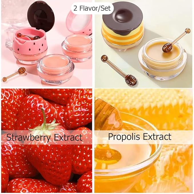 Bee Lip Balm Honey Pot, Strawberry & Honey Moisturizing Propolis Lip Mask, Hydrating & Prevention Dry and Cracked Lip Scrubs Exfoliator, Reduces Lip Lines (Yellow & Pink)-Velvo Beauty