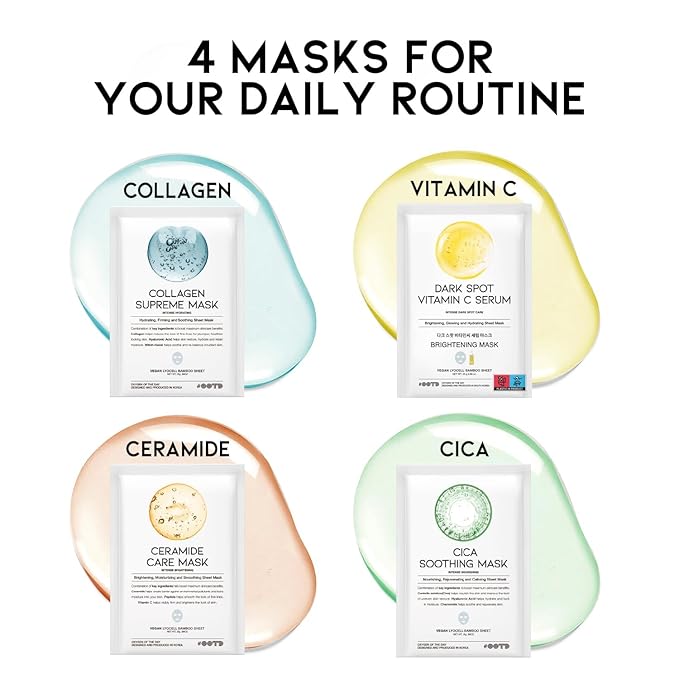#OOTD Face Mask Korean Skincare for Dry Sensitive Skin | Hydrating, Revitalizing, Calming, Collagen, Ceramide, Cica, Vitamin C Serum Sheet Masks (12EA)-Velvo Beauty