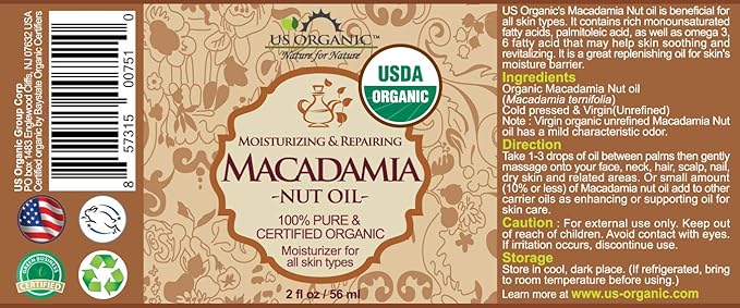 US Organic Macadamia Nut Oil Unrefined Virgin, USDA Certified Organic, Pure & Natural, Cold Pressed, Sourced in Kenya, in Amber Glass Bottle w/Glass Eye dropper for Easy Application (2 oz (Small))-Velvo Beauty