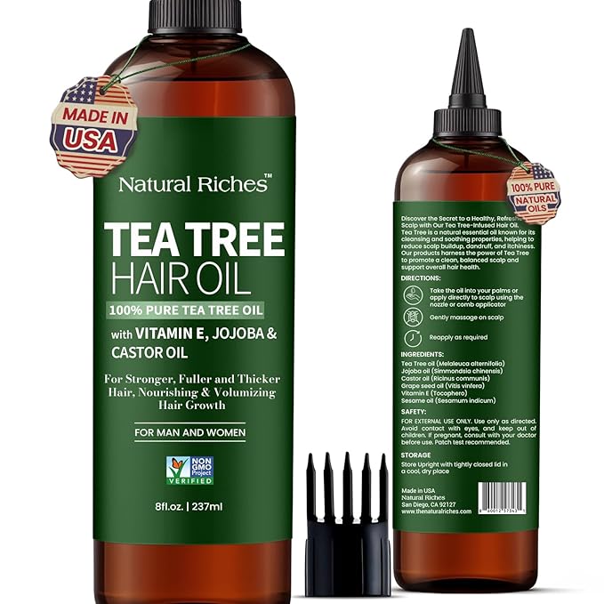Natural Riches Tea Tree Oil for Hair - Blended with Vitamin E and Castor Oil for Hair Growth - Tea Tree Scalp Treatment for Dry Scalp - Lightweight Scalp Oil for Healthy, Strong Hair - 8 fl oz-Velvo Beauty