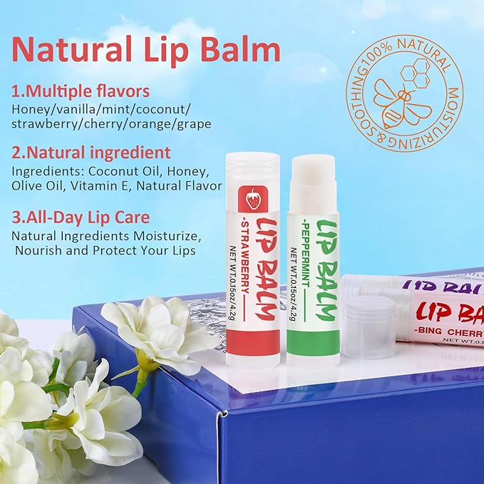 64 Pack Lip Balm, Natural Lip Balm Bulk with Vitamin E and Coconut Oil, Moisturizing Soothing Chapped Lips-8 Flavors-Velvo Beauty