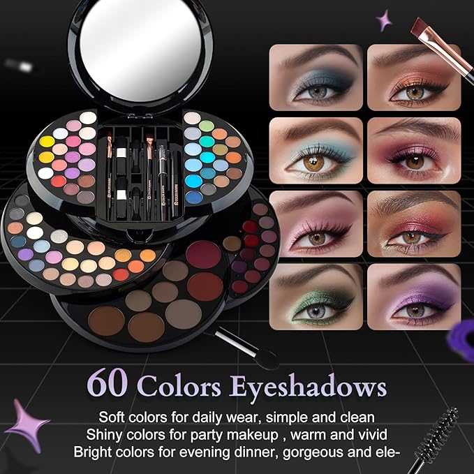Color Nymph Makeup Kit For Teen Girls, Ball Case Full Kit Makeup Kit For Beginner Practice Professional Makeup Set with 60 colors eyeshadows, 11 colors lip glosses, Highlighter Bronzer Mascara etc-Velvo Beauty