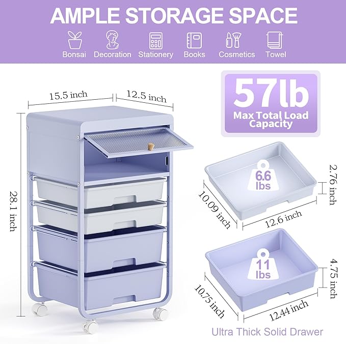 Utility-Rolling-Storage-Drawer-Craft-Cart-Organizers with 4 Drawers & Dust-Proof Door for Kid Craft Art Room,Bedroom,Home Office, Lavender Purple-Velvo Beauty