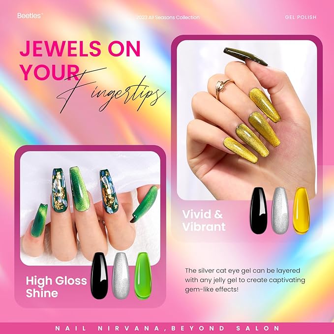 Beetles Gel Nail Polish Set, 6 Colors Silver Cat Eye Gel Polish Sheer Jelly Red Pink Yellow Green Black Neon Gel Translucent Glitter Effect with Magnet Soak Off UV Manicure Gifts for Women-Velvo Beauty