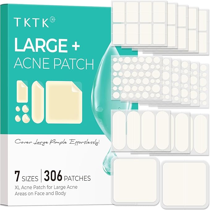 Large Acne Patches for Face, 7 Sizes Big Pimple Patches, XL Hydrocolloid Bandages for Body, Chin, Forehead, Nose, Back Blemish Zit Breakouts, Hydrocolloid Patch (Square, Strip, Dot 306 Count)-Velvo Beauty