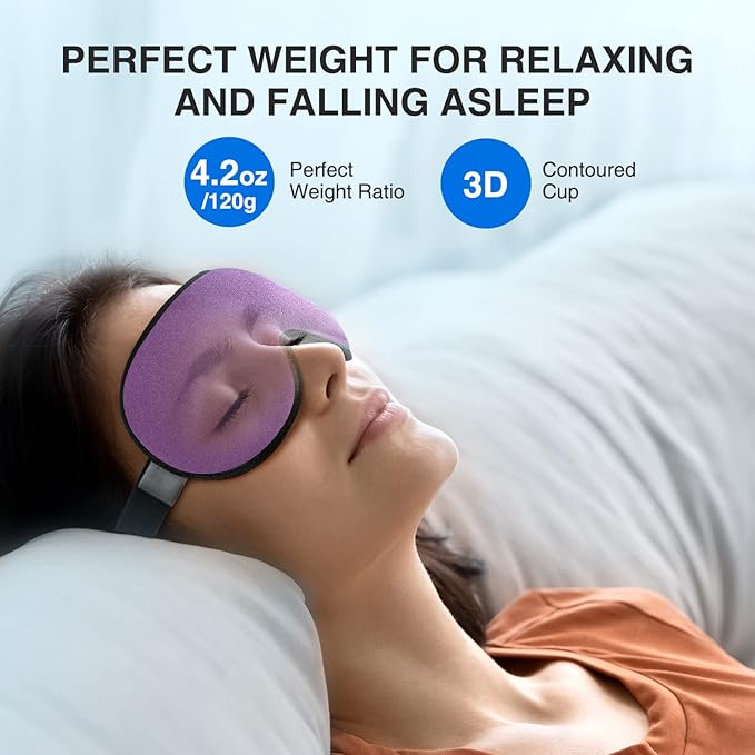 YFONG Weighted Sleep Mask, Women Men 3D Eye Mask Blocking Lights Sleeping Mask (4.2oz/120g), Pressure Relief Night Sleep Eye Mask with Adjustable Strap, Eye Cover Blindfold for Travel Nap Yoga, Purple-Velvo Beauty
