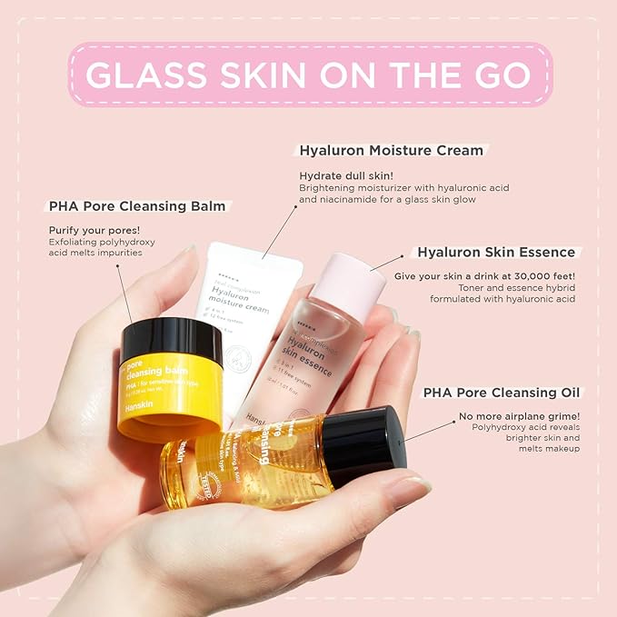 Hanskin Glass Skin On The Go Kit, Travel Friendly Hydrating Skincare Set for Glowing Skin, Cleansers, Skin Essence Toner and Moisturizer, Korean Skin Care [Set of 4 / 30 ml each]-Velvo Beauty