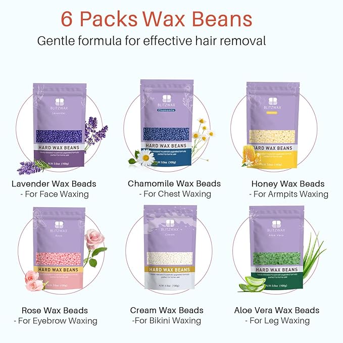BLITZWAX Brazilian and Bikini Waxing Kit for Women, Hard Wax Warmer for Face, Legs and Body, At Home Hair Removal Kit, Beginner Friendly, Effective on Coarse Hair, Pool Swirl Design-Velvo Beauty