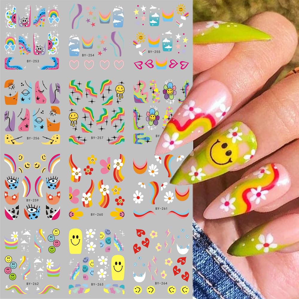 Abstract French Tips Nail Art Stickers Decals Colorful Sun Flower Smiling Nail Foils Sticker Water Transfer Nail Decals Rainbow Design Acrylic Nail Sticker for Nail Art Women Nail Decoration 12Pcs-Velvo Beauty