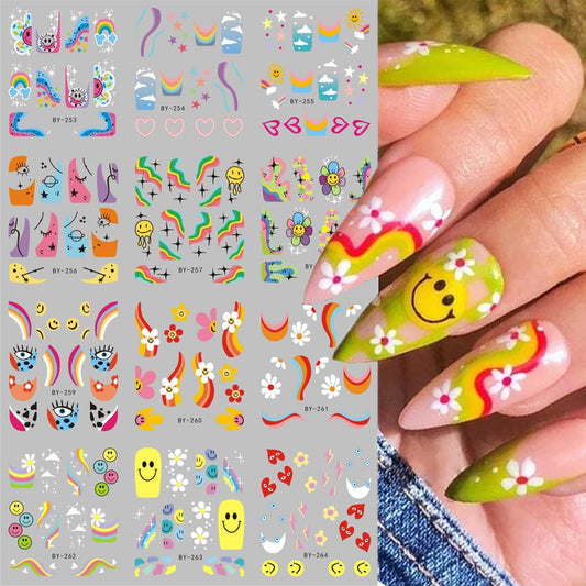 Abstract French Tips Nail Art Stickers Decals Colorful Sun Flower Smiling Nail Foils Sticker Water Transfer Nail Decals Rainbow Design Acrylic Nail Sticker for Nail Art Women Nail Decoration 12Pcs-Velvo Beauty