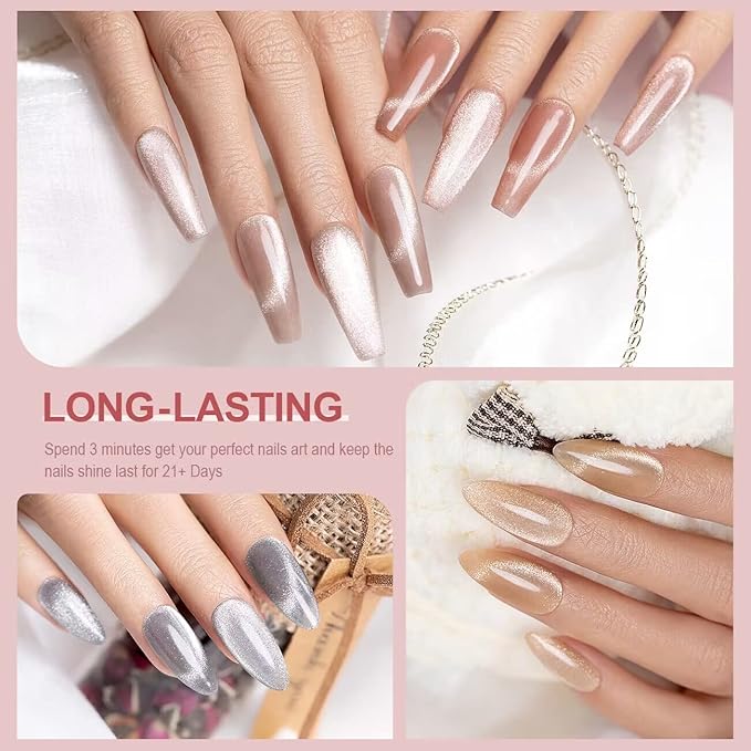 RARJSM Cat Eye Gel Nail Polish Set Silver Glitter Nude Purple Pink Red Champagne Gold Brown 6 Colors 9D Galaxy Velvet Ice Jelly Gel Polish with Magnet Stick UV LED Curing Requires Soak Off Home Salon-Velvo Beauty