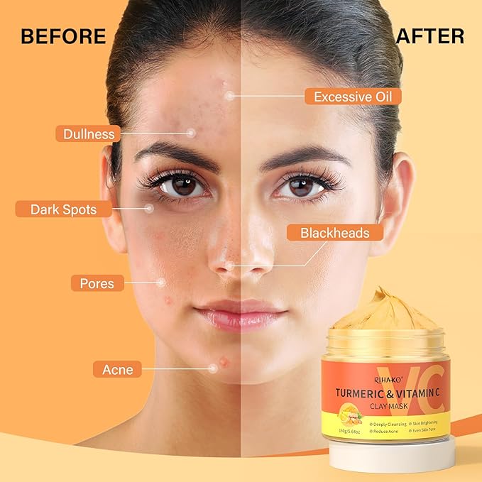 Turmeric Vitamin C Clay Mask -Turmeric Facial Mask - Brightening Clay Face Mask Skincare, Deep Cleansing Face Mask, Acne Face Mask for for Dark Spots, Dull Skin, Refining Pores and Controlling Oil-Velvo Beauty