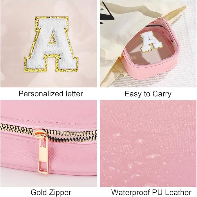 YOOLIFE Mini Initial Makeup Bag | Travel Toiletry Bag | Clear Makeup Bag | Travel Essentials Gifts for Women Teen Girlfriend Teacher Birthday Gifts | Clear Toiletry Bag Small Mini Cosmetic Bag Pink M-Velvo Beauty
