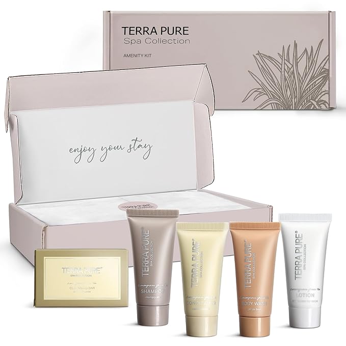 Terra Pure Spa Collection Amenity Kit | Hotel Toiletries | Bulk Set 0.85 oz Travel Size Shampoo,Conditioner, Lotion, Body Wash & Massage Bar for Guest Hospitality AirBnB/Vacation Rentals |1 set/ case-Velvo Beauty