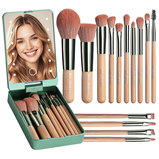 BS-MALL Travel Makeup Brush Set Foundation Powder Concealers Eye Shadows Makeup Set with LED light Mirror 14 Pcs (Green)-Velvo Beauty