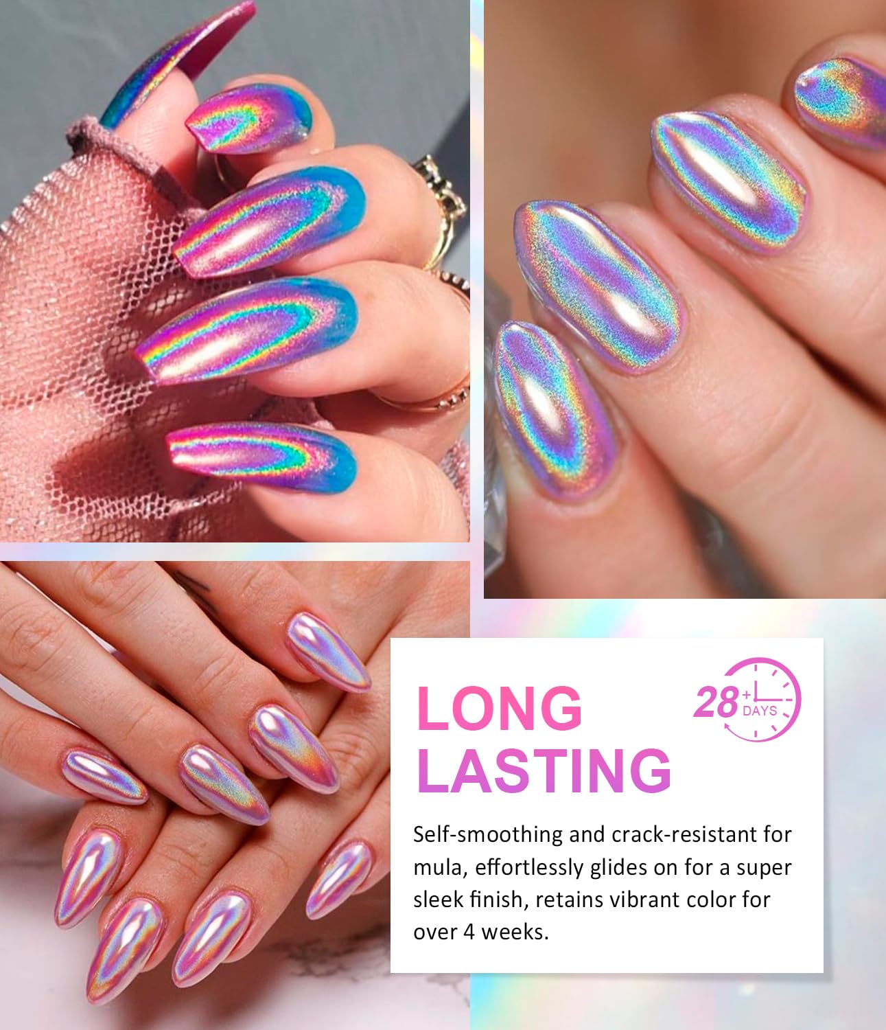 Magic Chrome Nail Powder: Iridescent Mirror Holographic Nail Powder,Metallic Pearl Effect Laser Chrome Nail Powde r for Salon Home Nai l Art DIY Design-Velvo Beauty