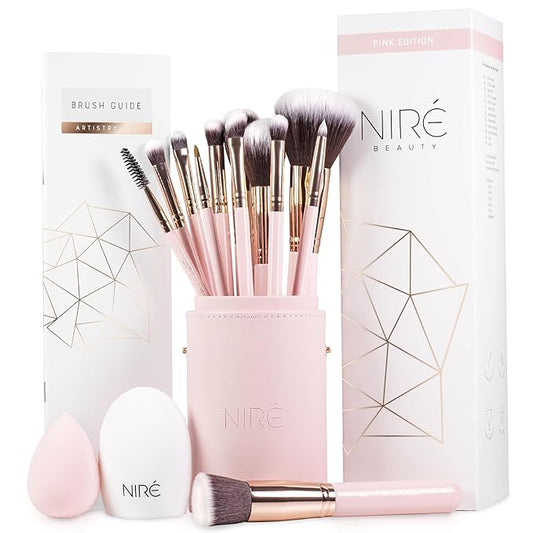 Niré Beauty 15piece Award Winning Pink Makeup Brushes: Pink Makeup Brush Set with Case, Makeup Sponge, Brush Cleaner, Guide, Gift Box-Velvo Beauty