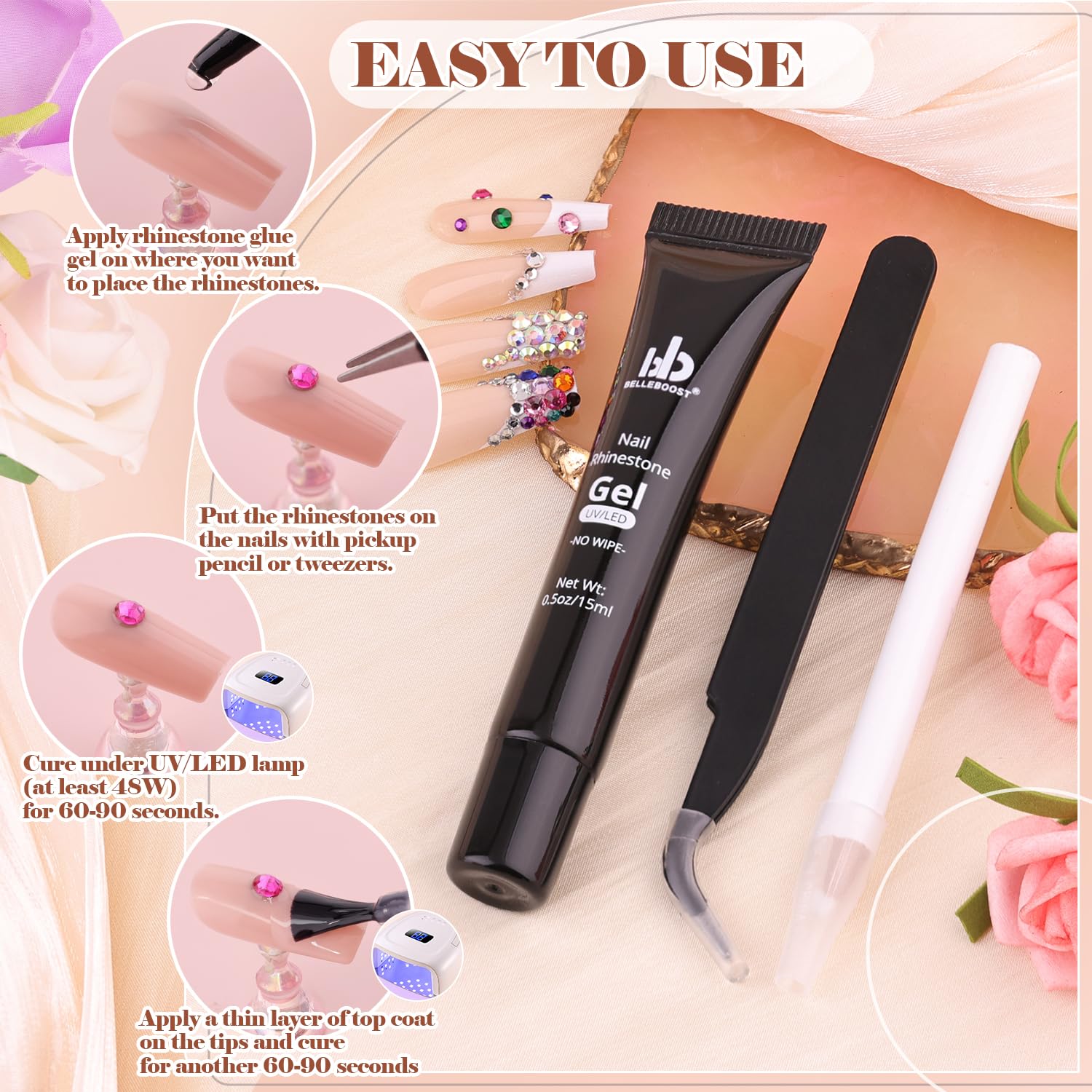 Nail Art Rhinestone Glue Gel&2 Boxes Flatback Gems Kit, 1 Tube of 15ml Rhinestone Gel Glue+Colorful Gems+Flat Back Round Glass Crystal AB&Clear Gemstones with Pickup Tools-Velvo Beauty