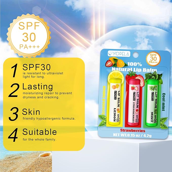 3 Pack SPF Lip Balm Bulk - SPF 30 SunGuard Lip Balm Sunscreen- Summer Protection for Lasting Hydration UV Defense Prevents and Soothes Dry, Chapped Lips-3 Delicious Flavors-Velvo Beauty