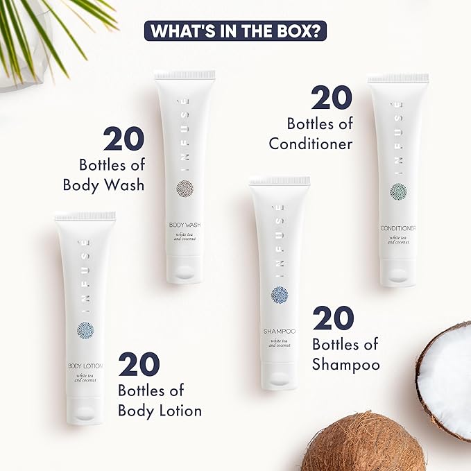 Infuse White Tea & Coconut Hotel Toiletries Bulk Set | 1-Shoppe Amenities Kit | 1oz Shampoo & Conditioner, Body Wash, Lotion | Travel Size | 80 Pieces-Velvo Beauty