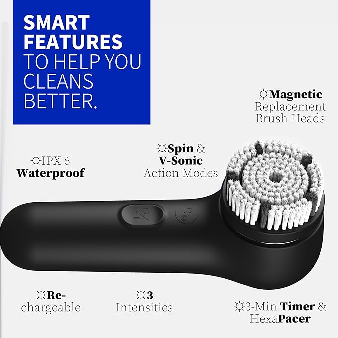 Premium Face Scrubber, Deep Pore Cleansing Brush, Waterproof & Rechargeable Face Scrub Brush for Men& Women, Electric Facial Exfoliator with 3 brushes, 3 Intensities, 2 Modes with Eye Rollor- Charcoal-Velvo Beauty