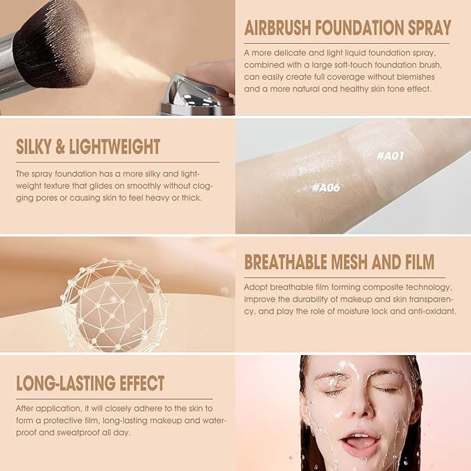 AirBrush Foundation Spray, Silky Mist Foundation Spray Makeup Set with Brush, Full Coverage Foundation for Smooth Radiant Finish, Formula Breathable Lightweight Hydrating | #A06 Pearl-Velvo Beauty