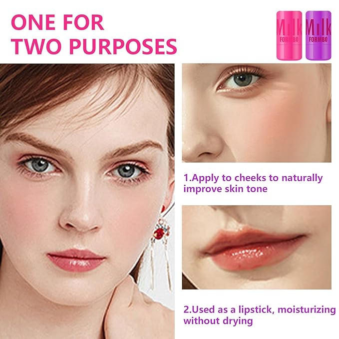 2 Pcs Milk Jelly Blush,Jelly Tint Blush Stick Sheer Lip & Cheek Stain Milk Cooling Water Jelly Tint Long Lasting Face Blushes, Lip Gloss Cheek Solid Moisturizer Stick (03#+04#)-Velvo Beauty