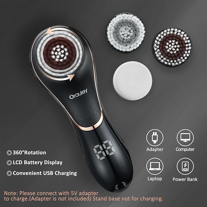 Facial Cleansing Brush, Electric Face Scrubber Rechargeable Exfoliator IPX-7 Waterproof Rotating Cleanser for Exfoliating, Massaging and Deep Cleansing for Women & Men with 4 Brush Heads Black-Velvo Beauty