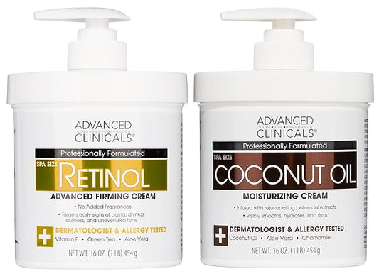 Advanced Clinicals Unscented Retinol Body Lotion & Face Moisturizer + Coconut Oil Body Cream For Women & Men | 2PC Skincare Set Helps Reduce Appearance Of Crepey Skin + Irritated Dry Skin, 2pc Set-Velvo Beauty