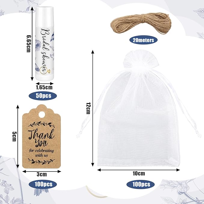 Demissle 50 Pcs Bridal Shower Lip Balm Gift Set with 100 Pcs Organza Bags Thank You Tags 20 Meters Rope wedding Party Favor for Guest Favors Gift Party Decoration Souvenirs(Vintage Flower)-Velvo Beauty