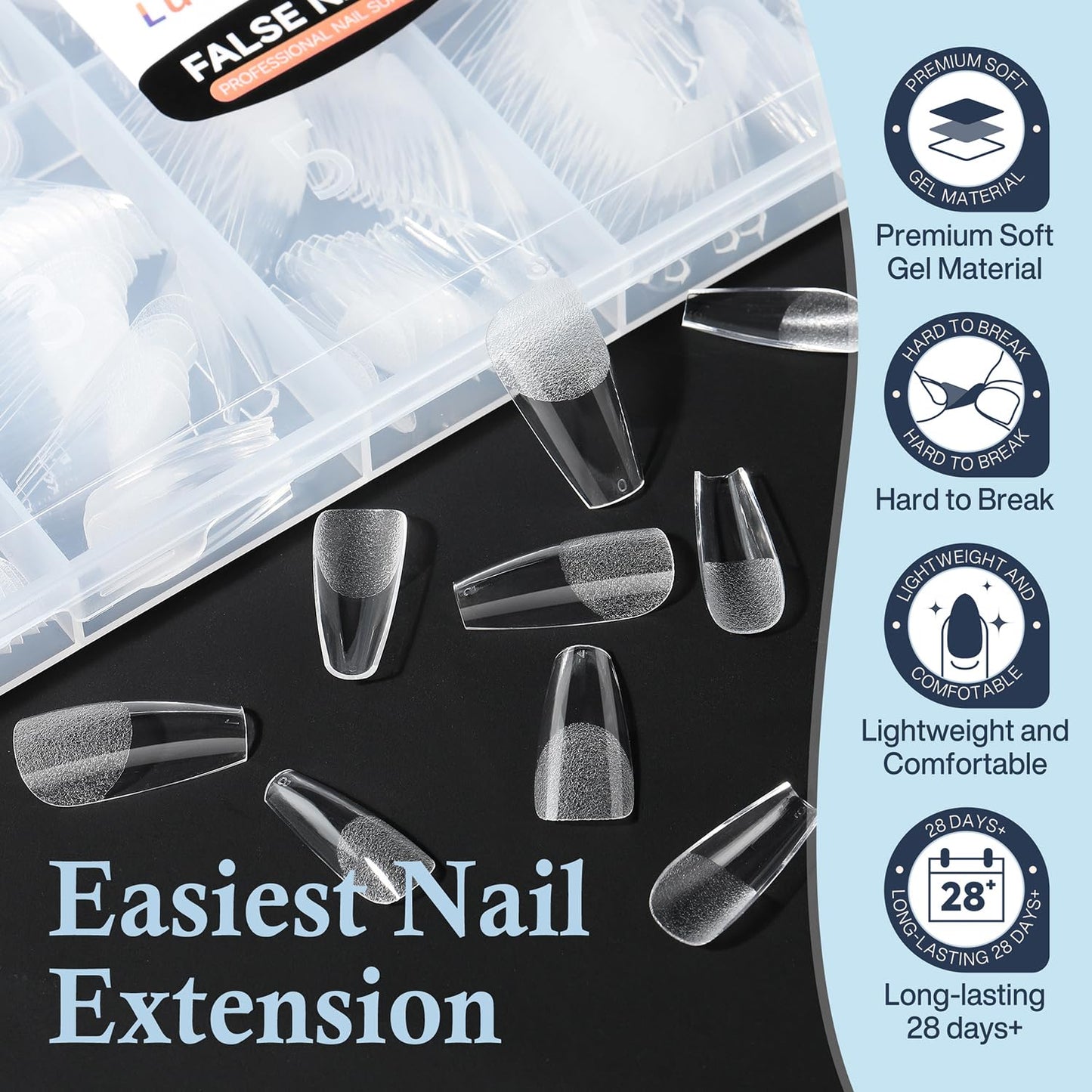 Medium Coffin Gel Nail Tips, 504pcs Soft Gel Pre-Shaped Acrylic Fake Nails, Half Matte Full Cover Clear Press on Flase Nail Tips for Extension Nail Manicure Home DIY 12 Sizes Gelly Tips-Velvo Beauty