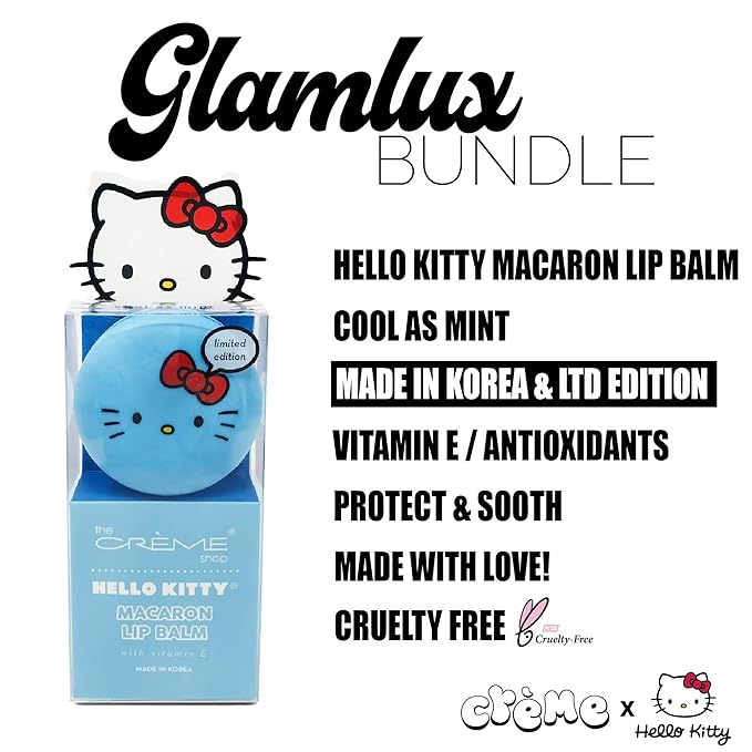 Beauty Bundle The Creme Shop X Hello Kitty Macaron Lip Balm For Cracked/Dry Lips, Hello Kitty Kawaii Kiss Lip Oil Tinted Apple & K-Beauty Tea Time Face Mask; Plumping & Youthful-Velvo Beauty