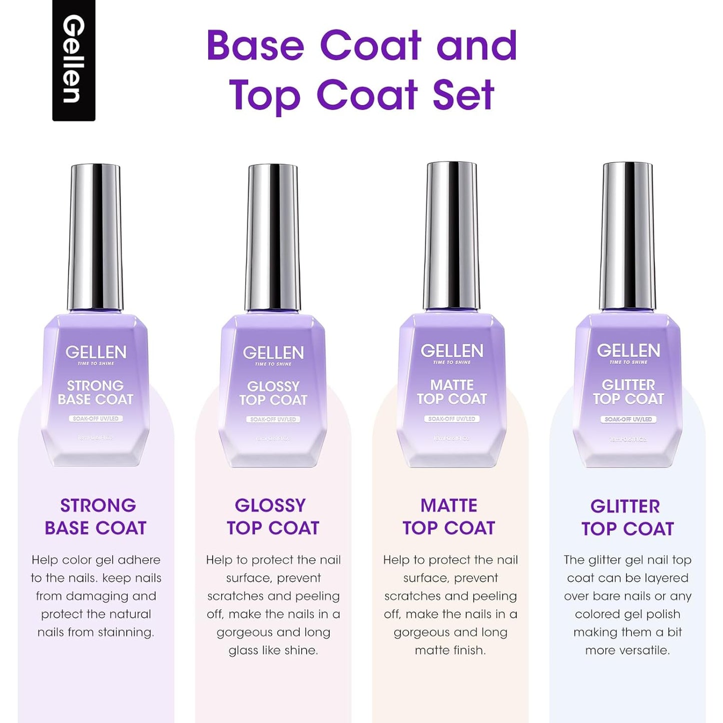 Gellen Gel Top and Base Coat, 4pcs 18ml No Wipe Matte Glossy Glitter Gel Top Coat, Clear UV Base Coat Gel Nail Polish, Soak Off Nail Lamp Gel Base Top Coat Long Lasting Home Gel Manicure-Velvo Beauty