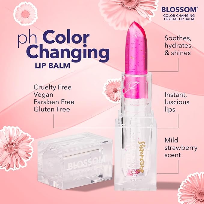 Blossom Moisturizing Color Changing Shimmering Lip Balm Sparkle Lip Stain Tint, Infused with Real Flowers, 3g, Electric Pink-Velvo Beauty