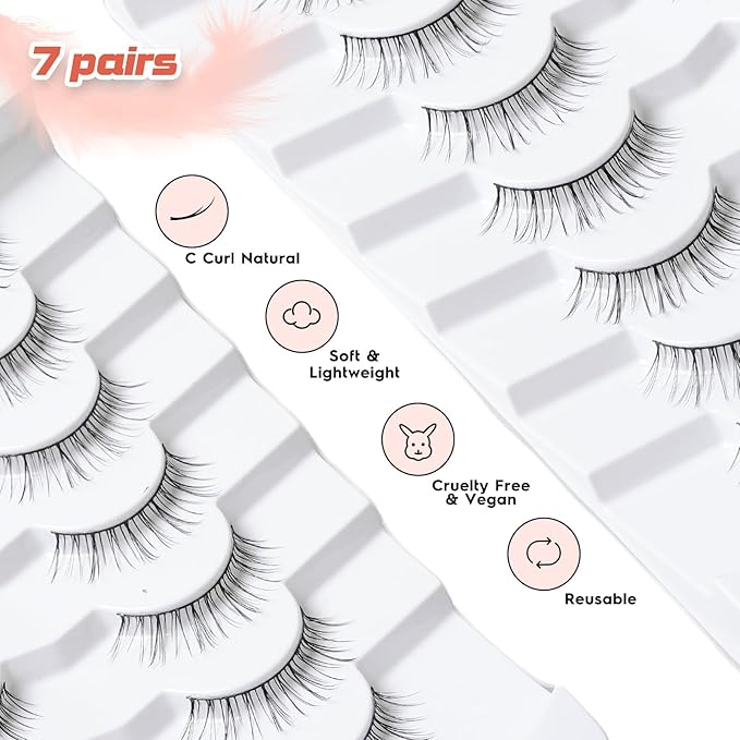 Lashes Short Eyelashes 10MM Natural Lashes Wispy Thin Band Strip Lashes Short Eyelashes Natural Look 3D Volume Lashes 7 Pair Fake Lashes Siligli-Velvo Beauty