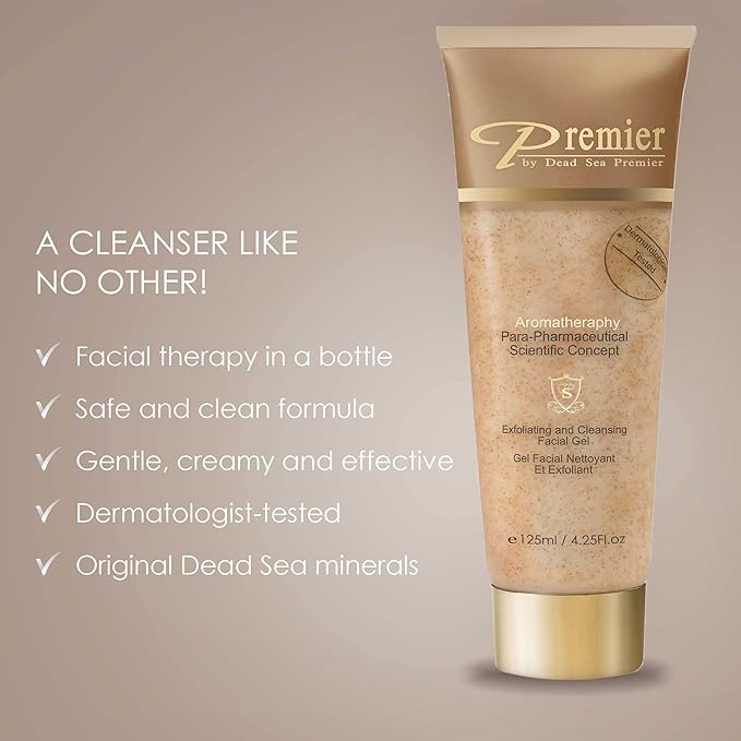 Premier Dead Sea Classic Para-Pharmaceutical Exfoliating Cleansing, Micro Grains Face Facial Gel Cleanser scrub Contains Dead Sea Minerals, non drying, Aromatherapy Scientific Concept 4.25Fl oz (X1)-Velvo Beauty
