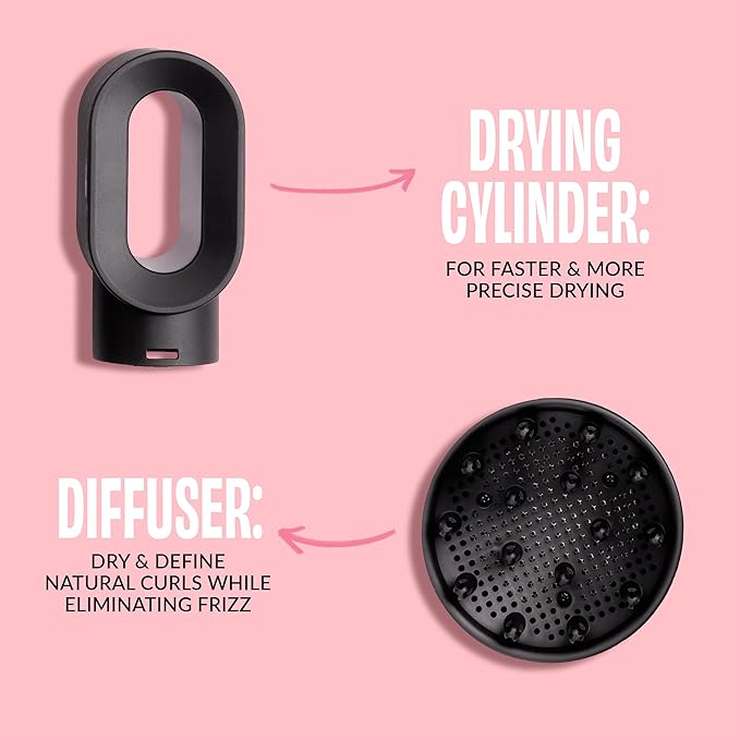Foxybae Super Styler – 4-in-1 Blow Dryer Brush Set - Diffuser, Blowout Brush, 1.25” Curling Barrel & Drying Cylinder - Voluminous, Frizz-free Hair - Blow Dryer, Straightener & Curler [Black Rose-Gold]-Velvo Beauty