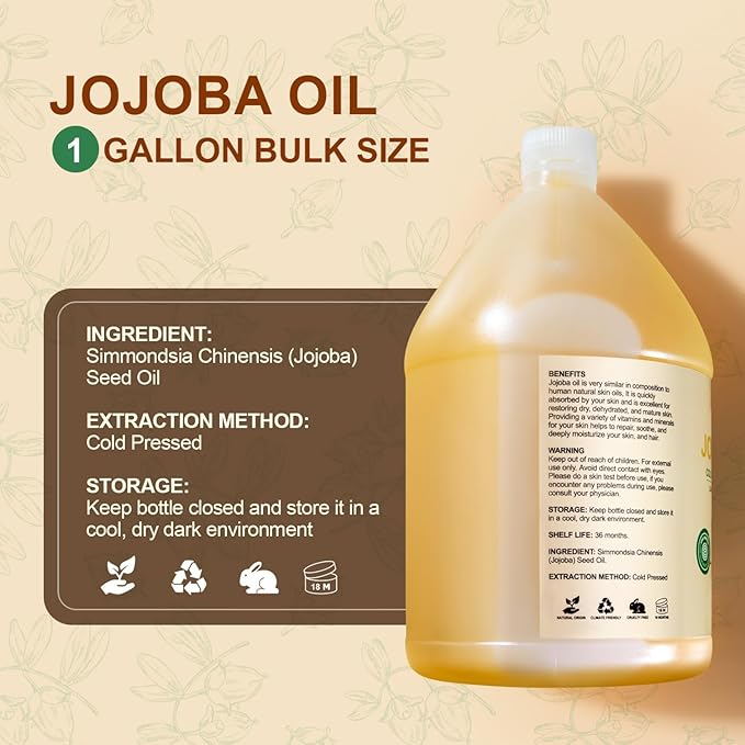 Yoken 1 Gallon Jojoba Oil EWG Verified - 100% Pure Jojoba Oils Bulk Cold Pressed Unrefined Hexane Free Virgin Golden jojoba Carrier Oil for Hair Skin Massage DIY Natural Body Moisturizer-Velvo Beauty