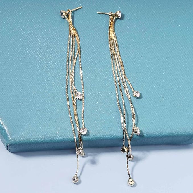 Boho Cz Tassel Chain Earrings Gold Drop Crystal Earrings Long Chain Dangle Earrings Rhinestone Linear Chain Earrings Sparkle Crystal Wedding Earrings Jewelry for Women and Girls-Velvo Beauty