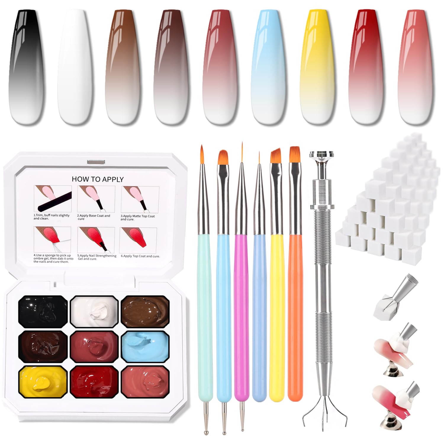 Sponge Pat Paint Nail Gel & Tools Kit, 9 Colors Ombre Nails Gradient Gel Nail Blush Blooming Aura Nails Drawing Stripper Floral Painting Nail Art, No Wipe, UV/LED Curing (9 Colors Set D)-Velvo Beauty