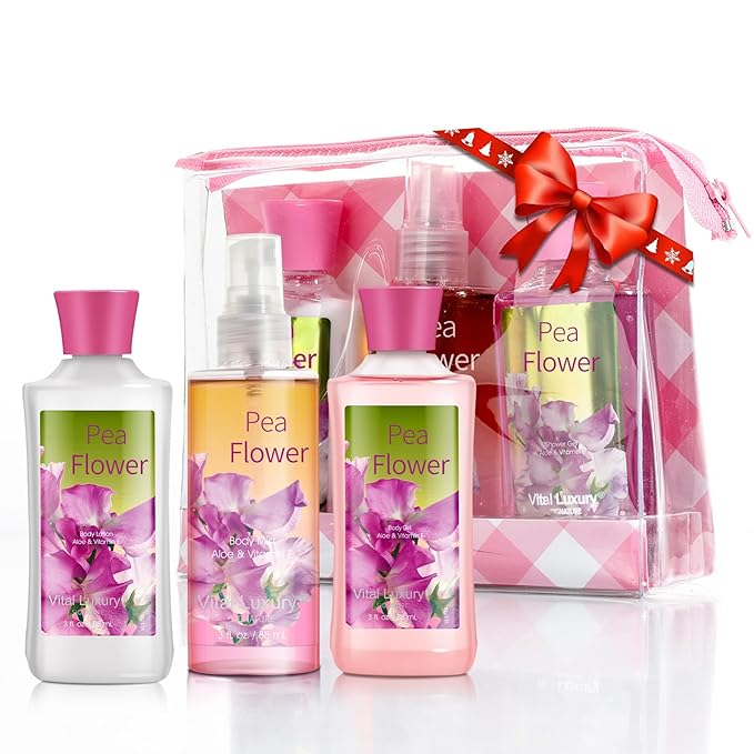 Bath & Body Care Travel Set Pea Flower Scent Home Spa Set with Body Lotion, Shower Gel and Fragrance Mist, Christmas Gifts for Her and Him-Velvo Beauty