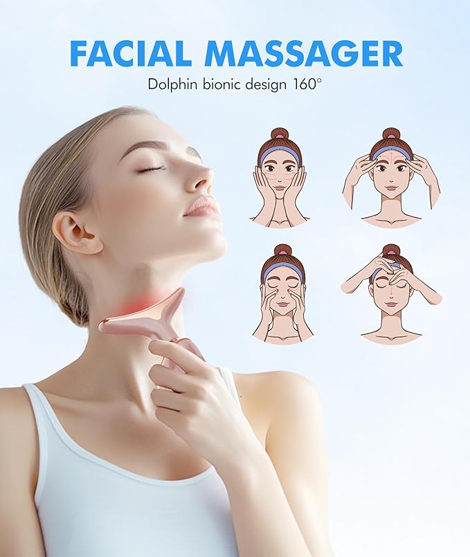 Red Light Therapy for Face and Neck, 7 Color Face Massager Tool for Wrinkles, Double Chin, Vibrating Facial Massager with Thermals for Skin Care, Rose Gold-Velvo Beauty