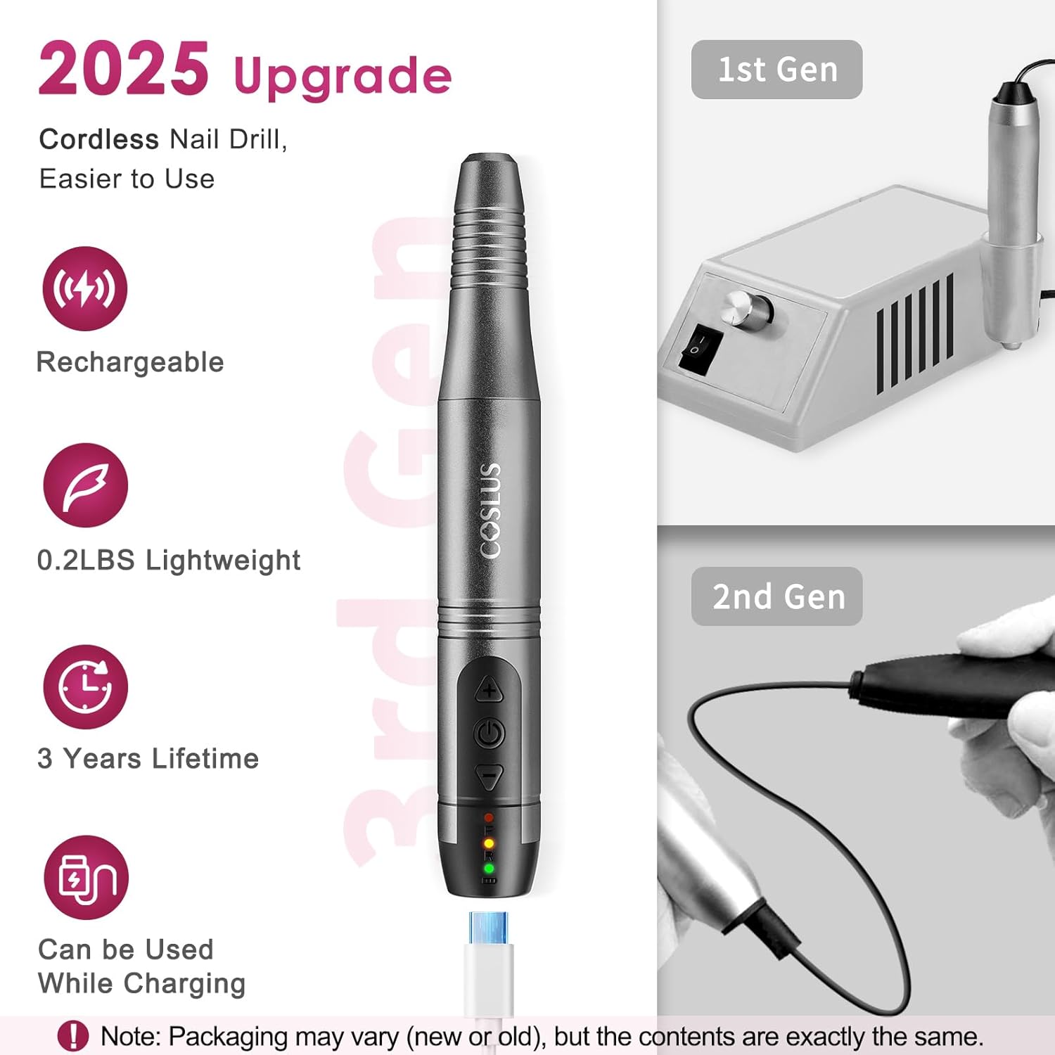 COSLUS Cordless Nail Drill Electric File: Professional for Acrylic Gel Dip Powder Nails Portable Nail Drill Machine Kit for Manicure Pedicure Nail Set with Everything Rechargeable Lightweight-Velvo Beauty