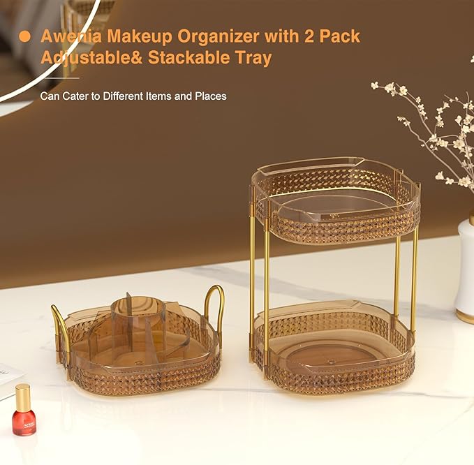 Awenia Rotating Makeup Organizer 360, Stackable Adjustable Large Capacity Cosmetic Storage Unit,Dresser Bathroom Kitchen Countertop Organizer with Metal Handle, Plus Size (Honorable Gold, 3 Tier)-Velvo Beauty