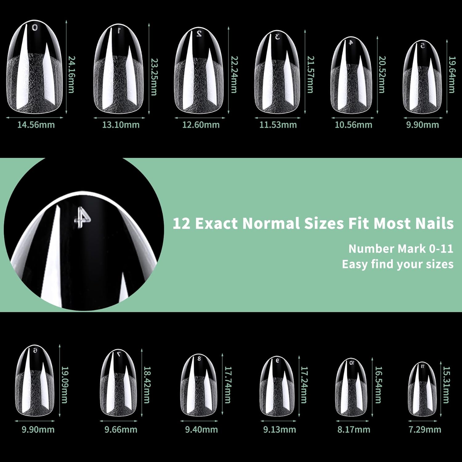 Medium Round Oval Nail Tips, 216pcs Acrylic Fake Nails Gel Nail Tips Soft, Full Cover Pre-Shaped Matte Clear Press on Nails for Extension, Diy at Home Manicure 12 Sizes-Velvo Beauty