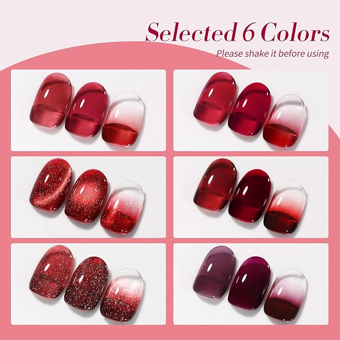Born Pretty Jelly Burgundy Gel Nail Polish Ruby Red Glitter Cat Magnetic Eye Gel Nail Polish Fall Winter Blood Cherry Wine Red Gel Polish Glitter Soak Off Nail Art Salon Manicure Home Gift 7ml 6pcs-Velvo Beauty